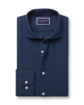 CHARLES TYRWHITT Cutaway Pure Linen Shirt - Navy Size Large by Charles Tyrwhitt