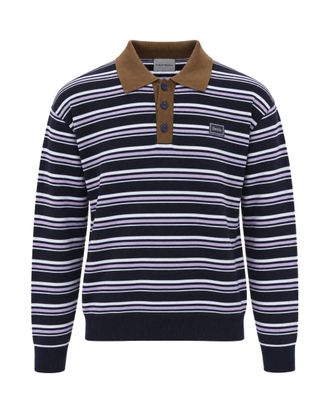 Dr&ocirc;le de Monsieur Navy Striped Merino Wool Knit Polo Shirt