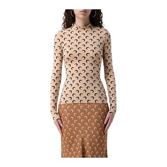 Marine Serre Long Sleeve Tops, female, Beige, Size: XS Crescent Moon Print Mock Neck Top