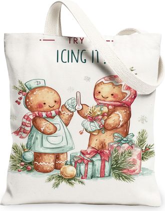 Generic Gingerbread Christmas Canvas Tote Bags, Cute Holiday Design Reusable Grocery Bags, Vintage Lightweight Washable Shoulder St, White, 13x15 Inch