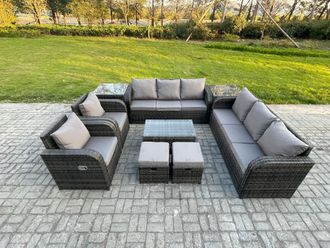 Fimous Rattan Outdoor Garden Furniture Sofa Set Patio Table & Chairs Set with 3 Seater Sofa Reclining Chair Small Footstools 3 Seater Sofa 2 Side Tables