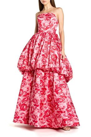 Mac Duggal Strapless Floral Brocade Ballgown with Bubble Hem in Pink Multi at Nordstrom, Size 14