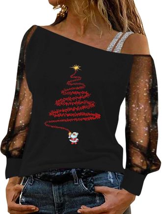 Generic Christmas Jumpers for Women Sparkly Off The Shoulder Tops UK Glitter Xmas Printed Sweatshirt Long Sleeve Crewneck Sweaters Winter Oversized Pullover N