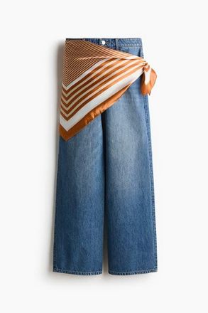 H&M Straight High Waist Scarf-detail Jeans in Denim Blue/orange at Nordstrom, Size 10