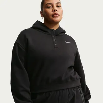 Nike Womens Nike Sportswear Phoenix Fleece Oversized Cropped Henley Hoodie (Plus Size) in Black | IO6956-010