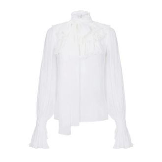 Elisabetta Franchi Blouse van georgette met strikceintuur - Dames - Blouses & Shirts - Wit - Maat: L Poliester