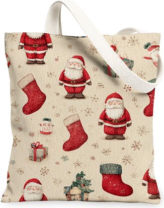 Generic Festive Canvas Tote Bags, Santa and Stocking Pattern Reusable Bags, Cozy Vintage Lightweight Washable Shoulder Strap for Sh, Red, 13x15 Inch