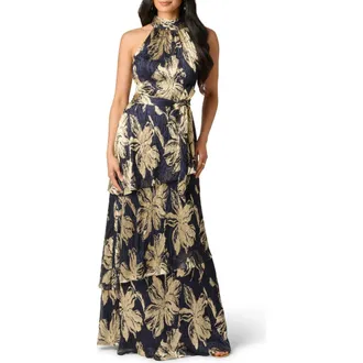 Adrianna Papell Floral Metallic Pliss&eacute; Gown in Navy/gold at Nordstrom, Size 16