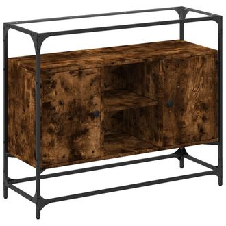 Berkfield Home Sideboard with Glass Top Smoked Oak 98x35x81 cm Engineered Wood in Brown | Size: 98 x 35 x 81 cm