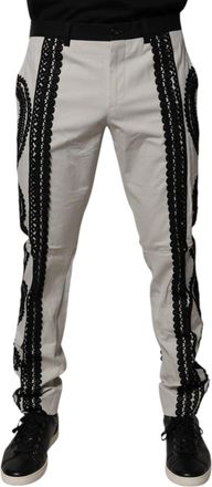 Dolce & Gabbana Mens Black Lace-Trim Cotton Trousers White Elastane
