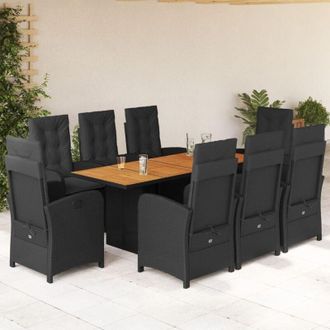 vidaXL Set De Comedor De Jard&iacute;n 9 Pzas Y Cojines Rat&aacute;n Sint&eacute;tico Negro Vidaxl