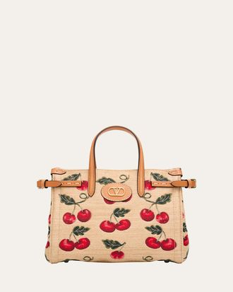 Valentino Garavani Antibes Small Raffia Cherry Jacquard Tote Bag
