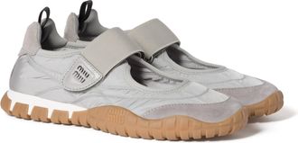 Miu Miu Tyre Technical Fabric And Suede Ballerinas, Woman, Cloudy Gray, Size 36