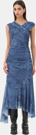 Ganni Mesh Ruched Dress in Denim Size 10 Polyester Womens