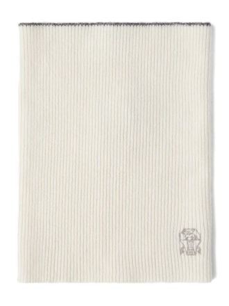 Brunello Cucinelli ribbed-knit logo-embroidered scarf - men - Cashmere - XXXL - Neutrals