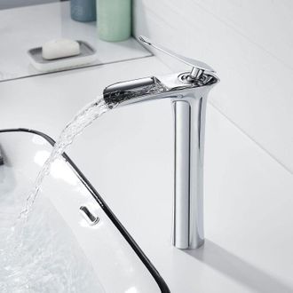 OEM Grifo Mezclador De Lavabo De Cascada Alta - Lat&oacute;n H59 - Acabado Cromado - Altura 235 Mm - Ahorro De Agua De Hasta Un 30 % -crezuo