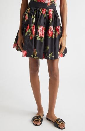 Dolce & Gabbana Rose Bouquet Pleated Cotton Poplin A-Line Miniskirt in Bouquet Rose F.nero at Nordstrom, Size 10 Us