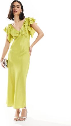 New Look Vestito midi in raso verde acceso con volant sulle maniche