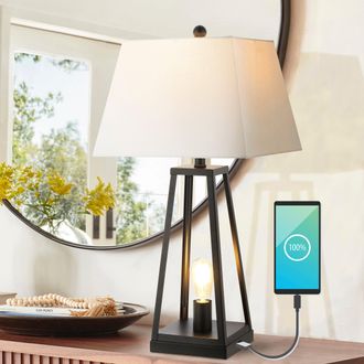 Jonathan Y Designs Waylon 28.5 Classic Industrial Iron Nightlight LED Table Lamp with USB Charging Port