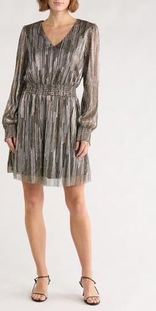 Halogen V-Neck Long Sleeve A-Line Dress in Black/Silver at Nordstrom Rack, Size X-Small