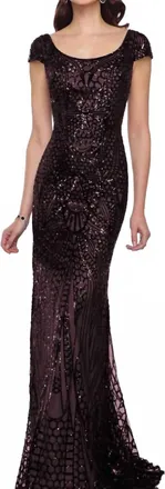 Montage by Mon Cheri Long Sequin Gown In Wine