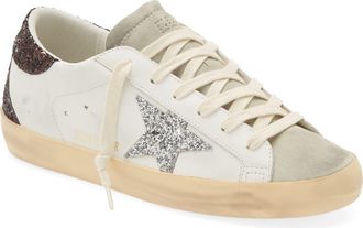 Golden Goose Super-Star Glitter Detail Low Top Sneaker in White/Ice/Silver/Brown at Nordstrom, Size 10Us