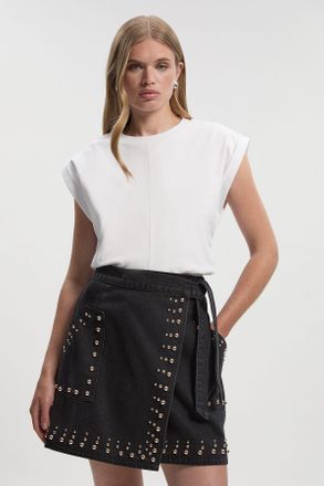 Karen Millen Womens Denim Studded Wrap Mini Skirt - Black Cotton - Size 6 UK