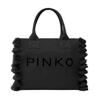 Pinko Handbags, female, Black, Size: ONE SIZE Raffia Shopping Bag with Logo
