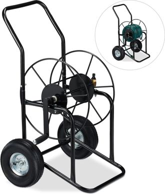 Relaxdays Carro Para Manguera De Riego, Soporte Port&aacute;til, Conector De 1/2 & 3/4, Hasta 80m, Metal, 1 Ud., Negro - Relaxdays