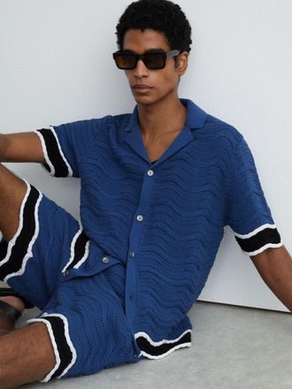 Reiss Blue Cotton-blend Wave-knit Tipped Shirt, Xxl