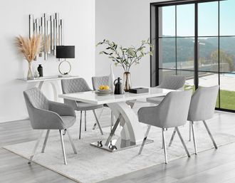 Furniturebox Atlanta 6 White Dining Table & 6 Falun Silver Leg Chairs in Light Grey
