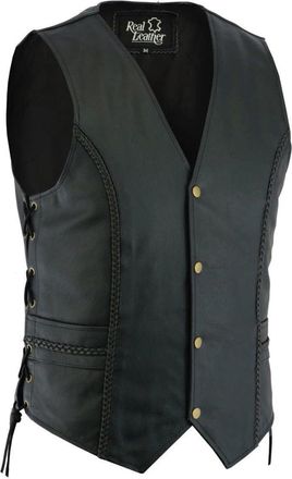 Generic Mens Real Genuine Leather Biker Braided Vest Waistcoat with Side Laces - Durable & Stylish Motorcycle Gear (UK, Alpha, 4XL, Regular, Regular, Black)