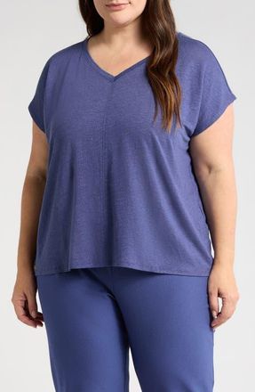 Eileen Fisher V-Neck Organic Linen T-Shirt in Bluette at Nordstrom, Size 3X