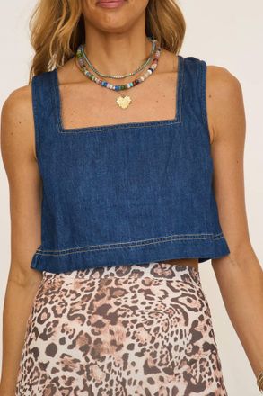 Moon River Denim Sleeveless Crop Top In Blue