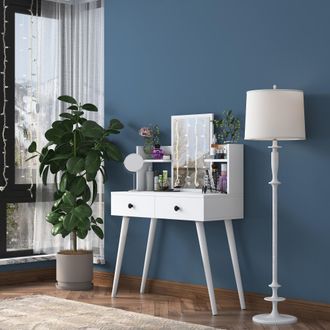 Dmora Tocador Longhena, Mueble De Maquillaje Con Espejo, 2 Cajones, Estructura Negra, 103x40x112h Cm Blanco