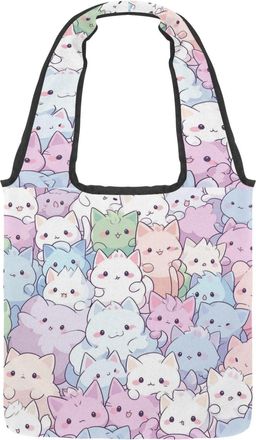 Generic Cute Cartoon Kitten Reversible Canvas Shoulder Tote - Double-Sided Print, 12oz Cotton, 27cm Drop, Fold-Flat Bag for Travel, Shopping, Street Outings