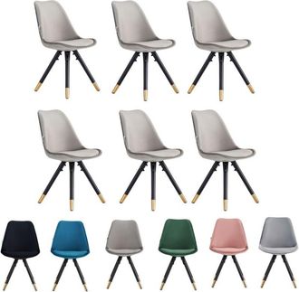 Life Interiors Set of 6 Dark Grey Sofia Ergonomic Modern Dining Chairs Upholstered in Velvet, Metal Legs with Gold End Tips