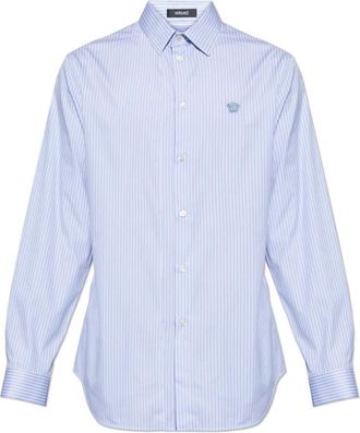 Versace Gestreept Slim-fit Overhemd van Katoenpoplin - Heren - Zakelijke Overhemden - Blauw - L - Katoen - Overhemden
