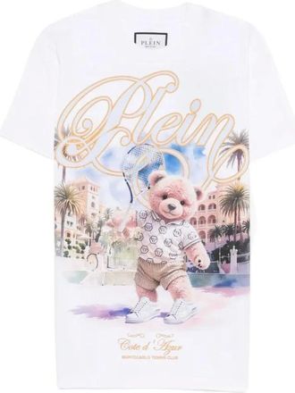 Philipp Plein Tops, Heren, Wit, L, Katoen, Teddybeer Tennis Print T-shirt