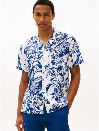 Tommy Hilfiger Mens Tropical Print Linen Camp Shirt - White - XXL