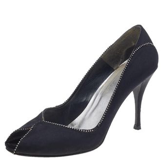 Stuart Weitzman Black Satin Embellished Peep Toe Pumps