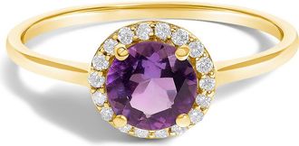 House of Brilliance 10K Gold Gemstone and 1/10 Cttw Diamond Halo Birthstone Ring in Yellow | Purple Amethyst at Nordstrom, Size 6.5