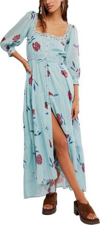 Free People Morning Meadows Floral Lace Trim Maxi Dress in Pastel Blue Combo at Nordstrom, Size X-Large