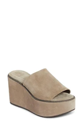 Brunello Cucinelli Monili Platform Wedge Slide Sandal in Beige at Nordstrom, Size 8.5Us