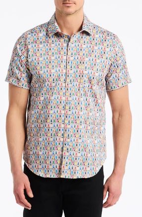 Robert Graham Livingston Stretch Short Sleeve Button-Up Shirt in White/Doors at Nordstrom, Size Xxx-Large