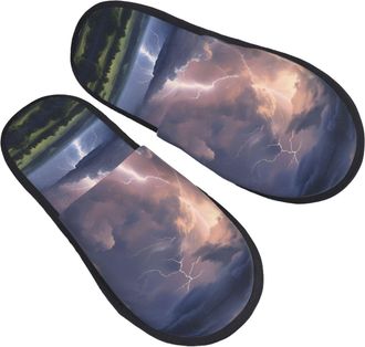 Generic Fluffy Slippers Thunder Landsc Printing Home Slippers Plush Unisex House Slipper For Hotel Women Guest M