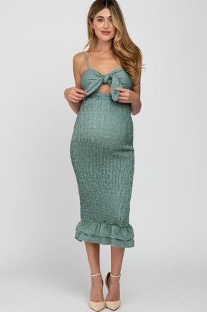 Pinkblush Gingham Print Smocked Fitted Self-Tie Midi Dress in Green at Nordstrom, Size Medium