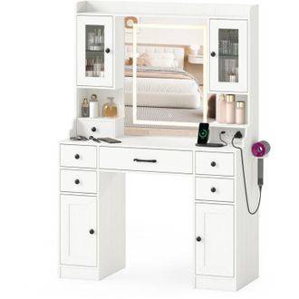 Costway Modern Dressing Table Vanity Desk with Mirror and Lights-White