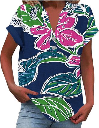 Generic Tops for Women UK Cotton Linen Summer Tops Short Sleeve V Neck Basic Tees Floral Boho Hawaiian Shirts Work Tunic Blouses 2026 Trendy Fashion Cheeseclo