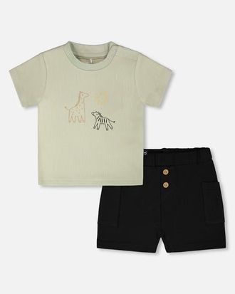 Deux par Deux Cotton Rib Jersey T-Shirt and Organic Cotton Jersey Short Set in Sage Green And Black at Nordstrom, Size 18M
